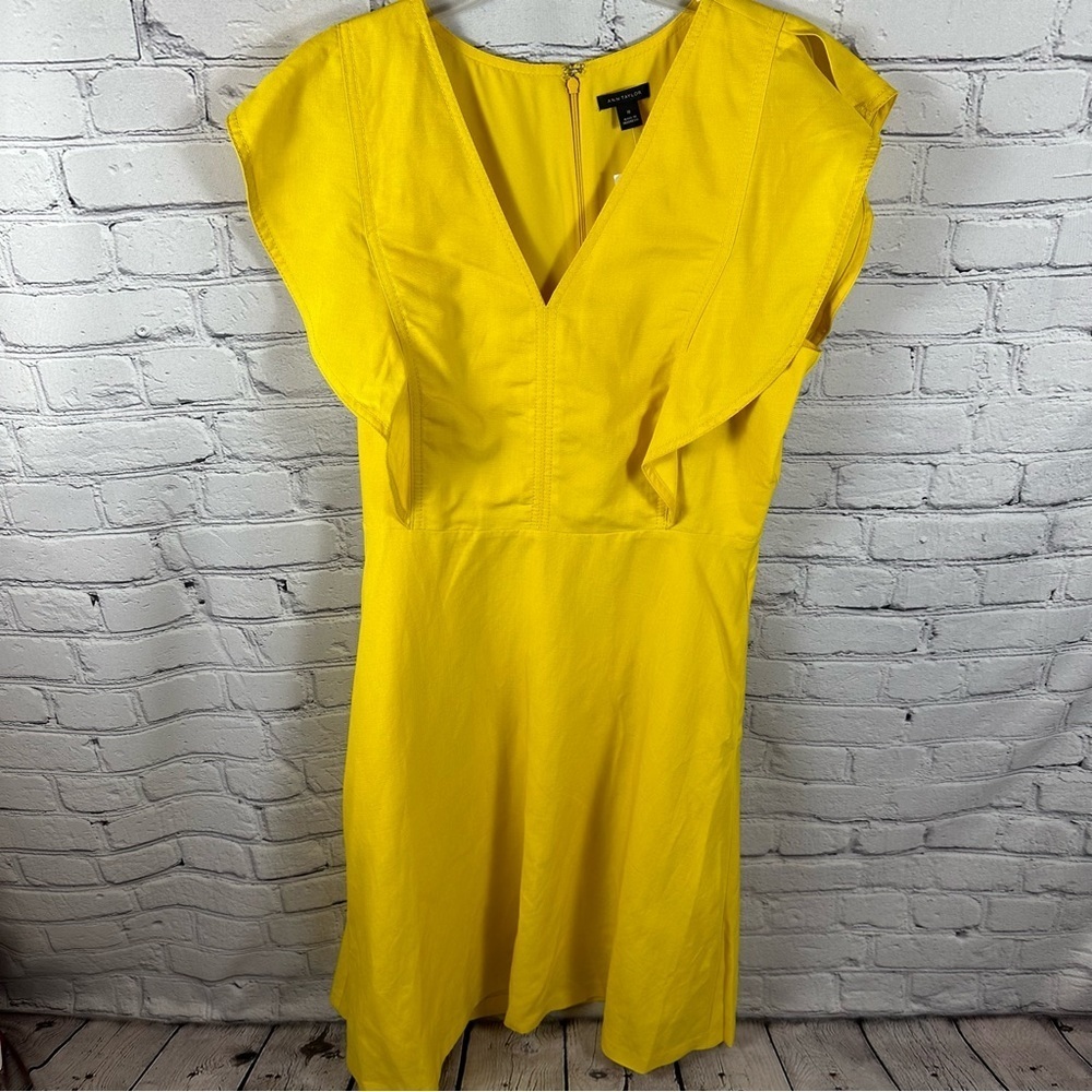 Ann Taylor Split Neck Sheath Dress Ruffle Sleeve Linen Blend Lined Yellow 10 NWT